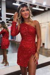 Misshow Sparkly Red One Shoulder One Sleeve Sequins Homecoming Dress/Mini Dress with Slit