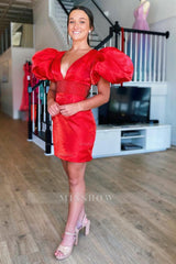 Misshow Sparkly Red Puff Sleeves Tight Short Homecoming Dress/Mini Dress with Beading