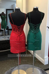 Misshow Sparkly Red Sequin Corset Tight Homecoming Dress/Mini Dress with Lace