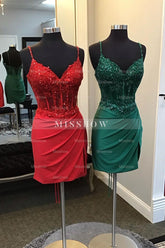 Misshow Sparkly Red Sequin Corset Tight Homecoming Dress/Mini Dress with Lace