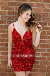 Misshow Sparkly Red Sequin Sleeveless Tight Short Homecoming Dress/Mini Dress