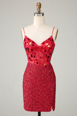 Misshow Sparkly Red Sequin Spaghetti Straps Mirror Tight Short Hoco Dress