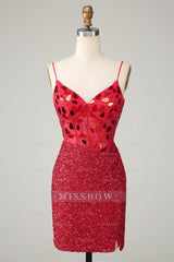 Misshow Sparkly Red Sequin Spaghetti Straps Mirror Tight Short Hoco Dress
