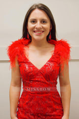 Misshow Sparkly Red Sequined Backless Tight Short Homecoming Dress/Mini Dress with Feathers