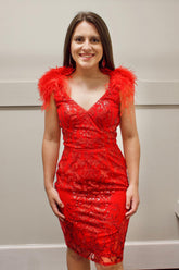 Misshow Sparkly Red Sequined Backless Tight Short Homecoming Dress/Mini Dress with Feathers