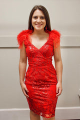 Misshow Sparkly Red Sequined Backless Tight Short Homecoming Dress/Mini Dress with Feathers