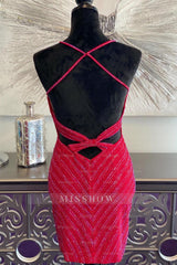 Misshow Sparkly Red Sequined Criss-Cross Back Tight Short Homecoming Dress/Mini Dress