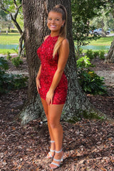 Misshow Sparkly Red Sequined Open Back Tight Short Homecoming Dress/Mini Dress with Fringes