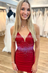 Misshow Sparkly Red Sequined Open Back Tight Short Homecoming Dress/Mini Dress