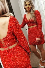 Misshow Sparkly Red Sequined Two Piece Tight Short Homecoming Dress/Mini Dress with Sleeves