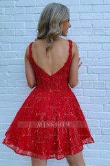Misshow Sparkly Red Sequins A-Line Short Homecoming Dress/Mini Dress with Pockets