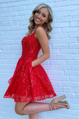 Misshow Sparkly Red Sequins A-Line Short Homecoming Dress/Mini Dress with Pockets