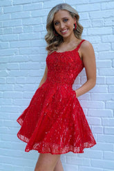Misshow Sparkly Red Sequins A-Line Short Homecoming Dress/Mini Dress with Pockets