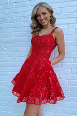 Misshow Sparkly Red Sequins A-Line Short Homecoming Dress/Mini Dress with Pockets