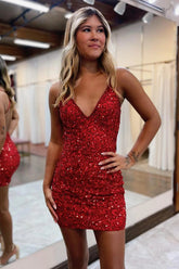 Misshow Sparkly Red Sequins Backless Tight Homecoming Dress/Mini Dress