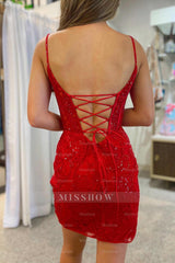 Misshow Sparkly Red Sequins Corset Tight Short Lace Homecoming Dress/Mini Dress