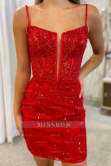 Misshow Sparkly Red Sequins Corset Tight Short Lace Homecoming Dress/Mini Dress