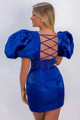 Misshow Sparkly Red Sequins Lace-Up Puff Sleeves Tight Short Homecoming Dress/Mini Dress