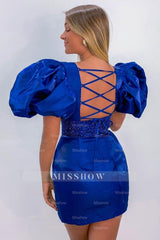 Misshow Sparkly Red Sequins Lace-Up Puff Sleeves Tight Short Homecoming Dress/Mini Dress