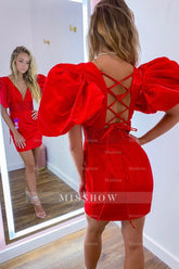 Misshow Sparkly Red Sequins Lace-Up Puff Sleeves Tight Short Homecoming Dress/Mini Dress