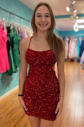 Misshow Sparkly Red Sequins Lace-Up Tight Short Homecoming Dress/Mini Dress