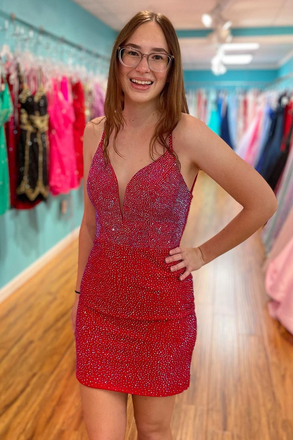 Misshow Sparkly Red Sequins Open Back Tight Short Hoco Dress