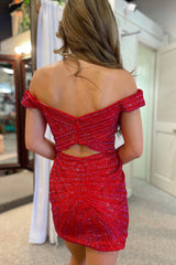 Misshow Sparkly Red Sequins Open Back Tight Short Homecoming Dress/Mini Dress with Slit