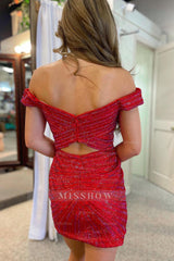 Misshow Sparkly Red Sequins Open Back Tight Short Homecoming Dress/Mini Dress with Slit