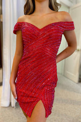 Misshow Sparkly Red Sequins Open Back Tight Short Homecoming Dress/Mini Dress with Slit
