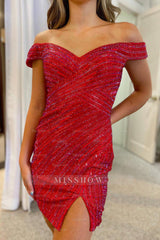 Misshow Sparkly Red Sequins Open Back Tight Short Homecoming Dress/Mini Dress with Slit