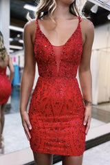 Misshow Sparkly Red Sequins Spaghetti Straps Tight Short Hoco Dress