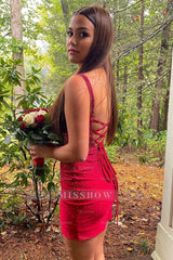 Misshow Sparkly Red Spaghetti Straps Beaded Tight Short Homecoming Dress/Mini Dress