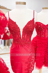 Misshow Sparkly Red Spaghetti Straps Bodycon Short Homecoming Dress/Mini Dress with Slit