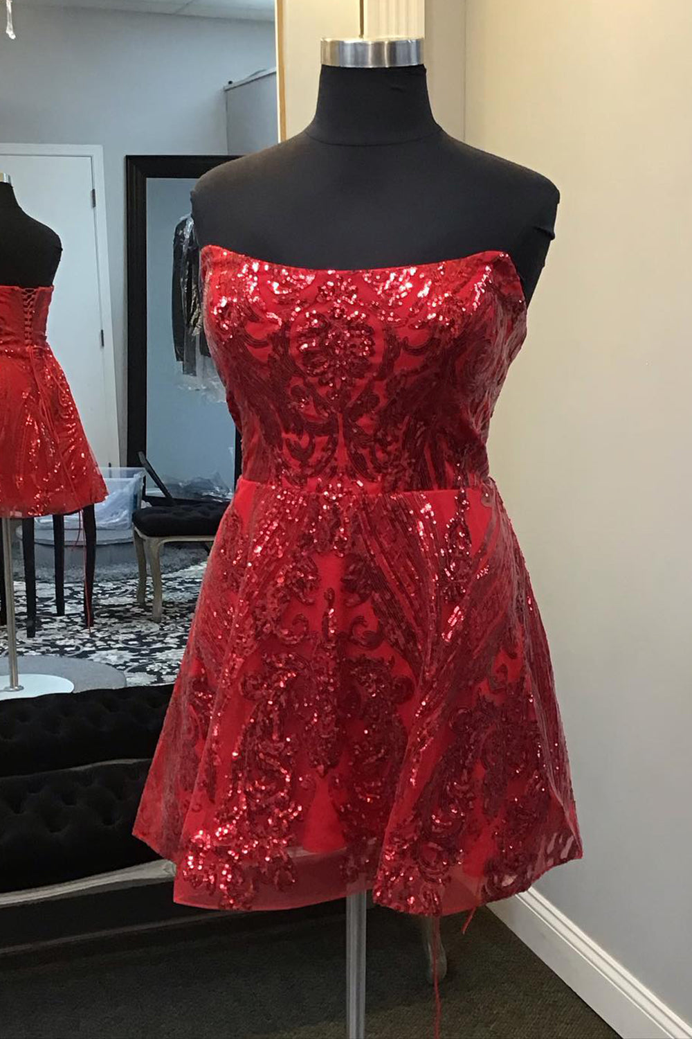 Misshow Sparkly Red Strapless A Line Corset Short Homecoming Dress/Mini Dress