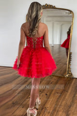Misshow Sparkly Red Strapless Corset A Line Short Homecoming Dress/Mini Dress With Beadings