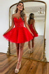 Misshow Sparkly Red Strapless Corset A Line Short Homecoming Dress/Mini Dress With Beadings