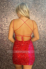 Misshow Sparkly Red and Fuchsia Sequins Tight Short Homecoming Dress/Mini Dress