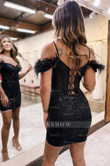 Misshow Sparkly Rose Gold Corset Sequins Tight Short Homecoming Dress/Mini Dress With Feather