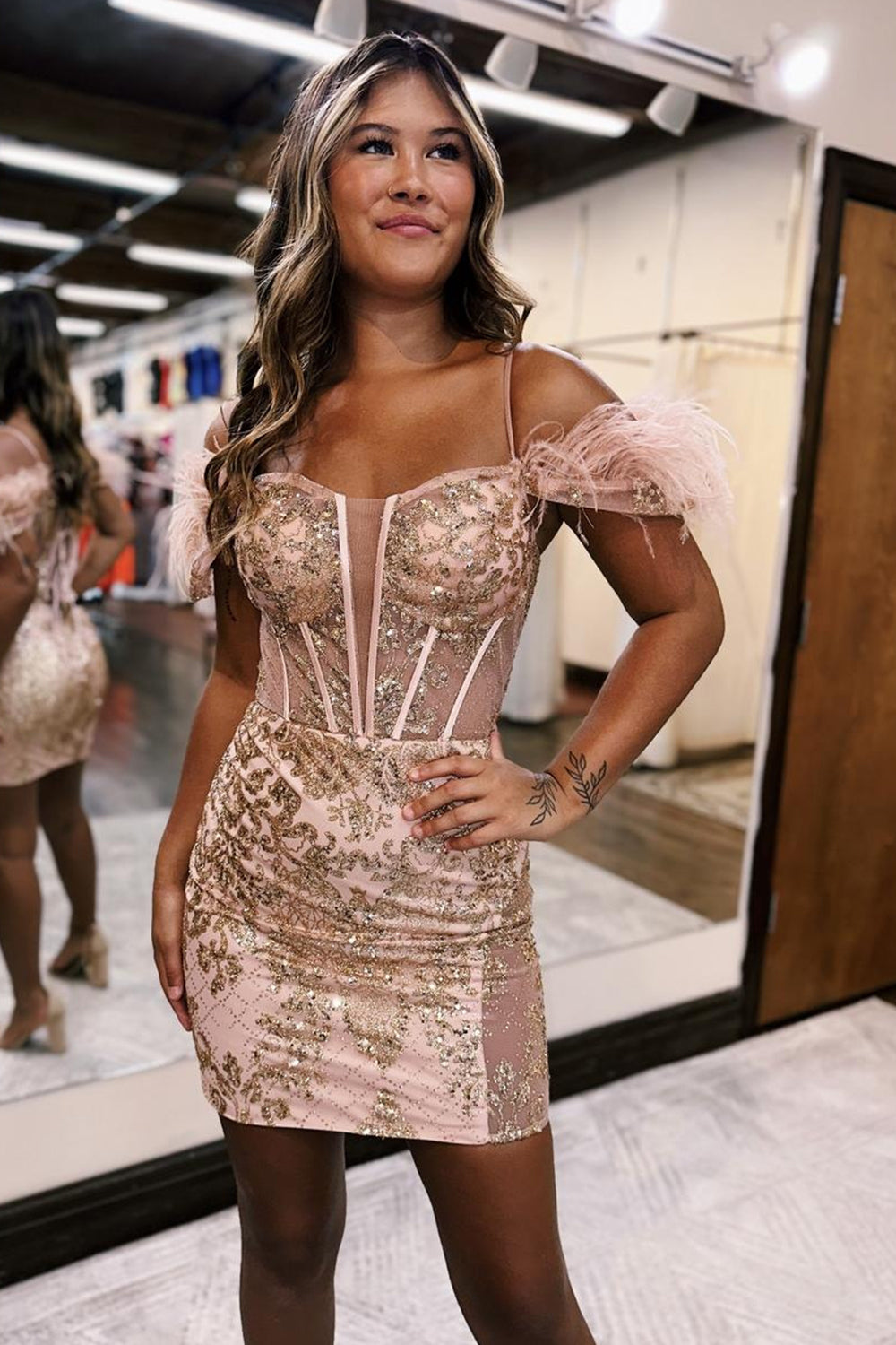 Misshow Sparkly Rose Gold Corset Sequins Tight Short Homecoming Dress/Mini Dress With Feather