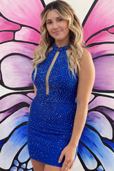 Misshow Sparkly Royal Blue Beaded Open Back Tight Short Homecoming Dress/Mini Dress