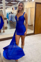 Misshow Sparkly Royal Blue Beaded Tight Short Homecoming Dress/Mini Dress with Ruffles