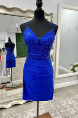 Misshow Sparkly Royal Blue Beaded Tight Short Homecoming Dress/Mini Dress