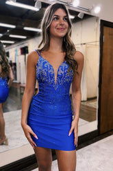 Misshow Sparkly Royal Blue Lace-Up Back Sequins Tight Short Homecoming Dress/Mini Dress
