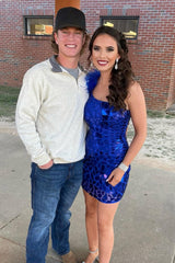 Misshow Sparkly Royal Blue Mirror One Shoulder Tight Homecoming Dress/Mini Dress With Feathers