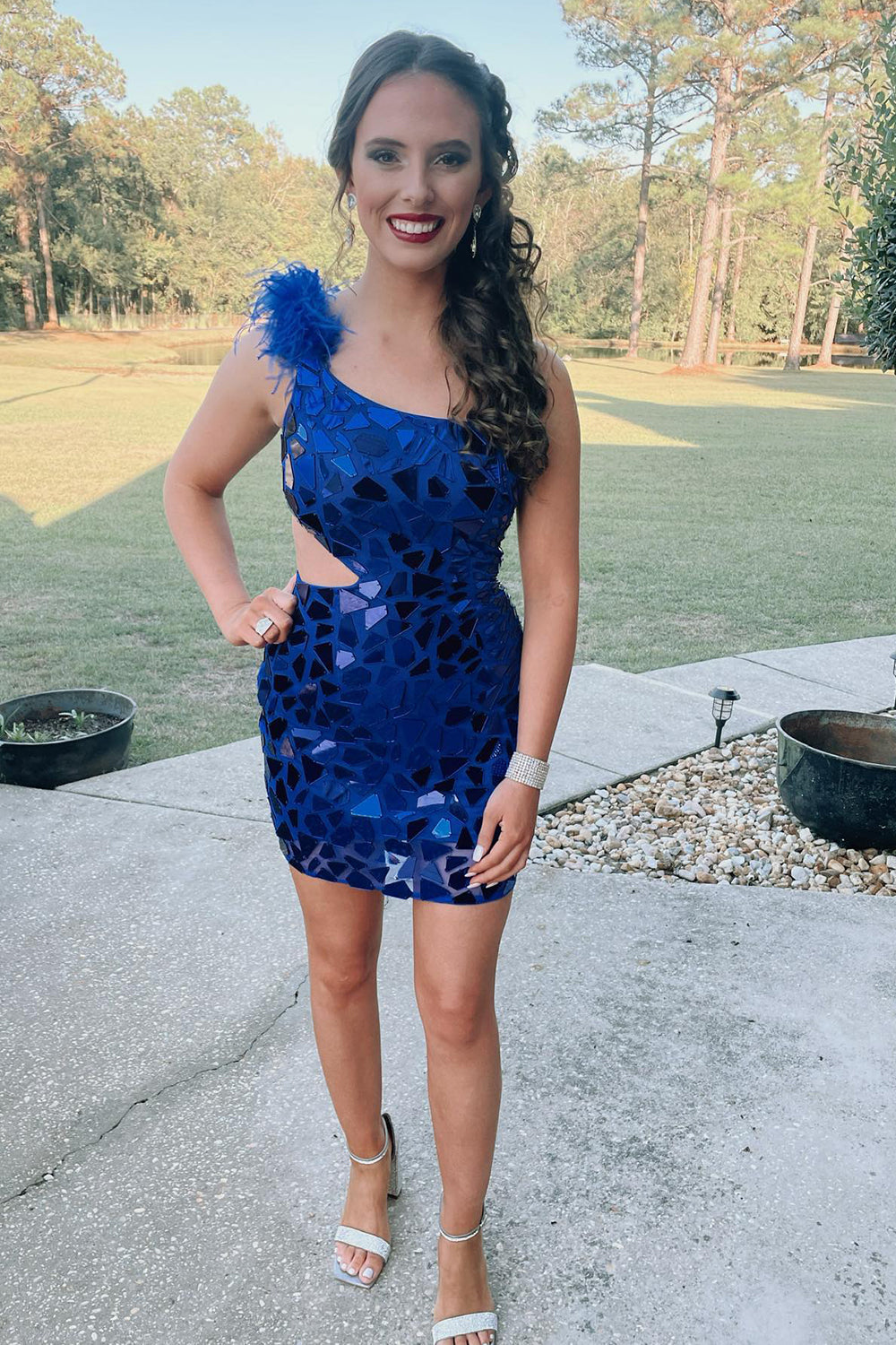 Misshow Sparkly Royal Blue Mirror One Shoulder Tight Homecoming Dress/Mini Dress With Feathers