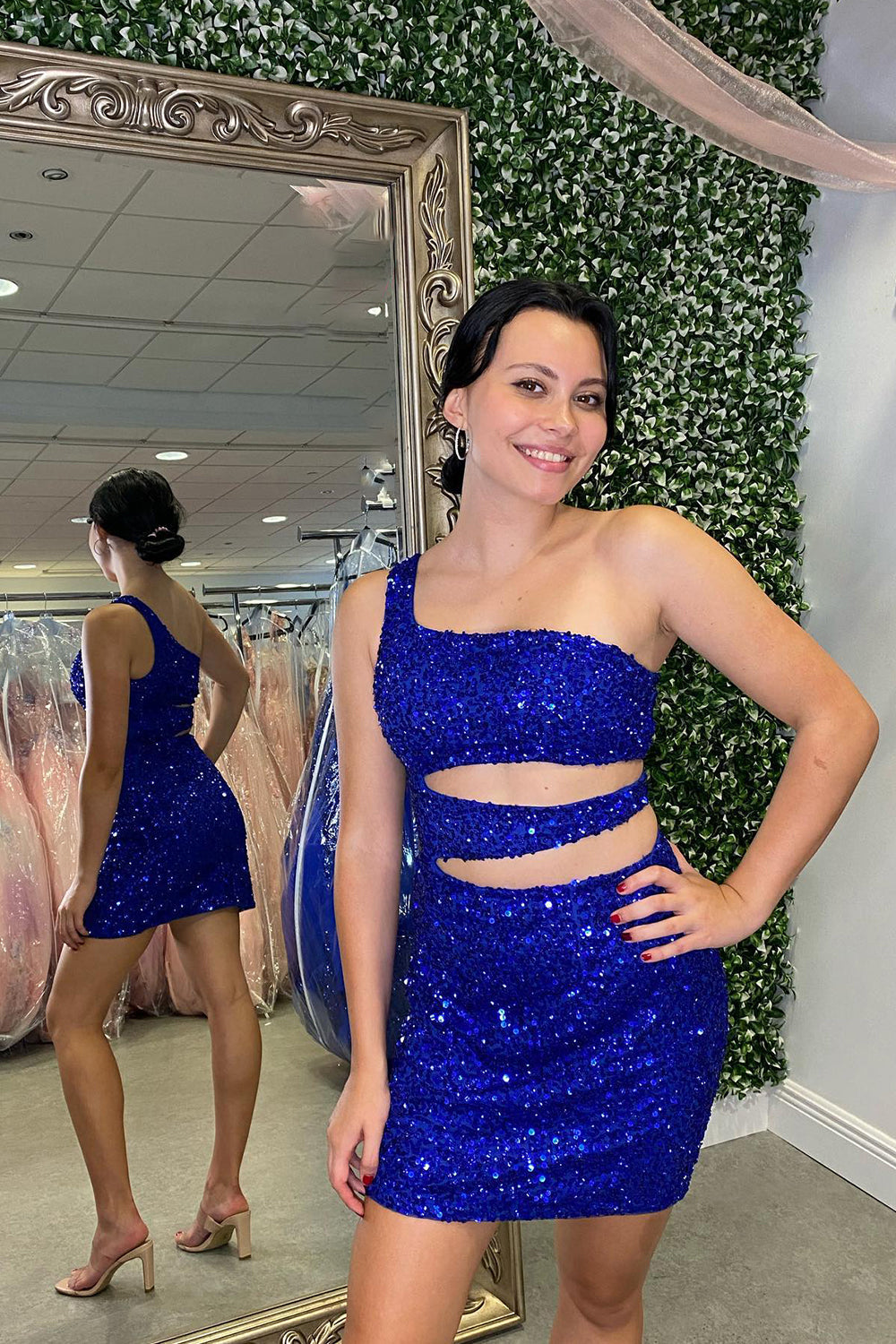 Misshow Sparkly Royal Blue One Shoulder Cut Out Sequins Tight Short Homecoming Dress/Mini Dress