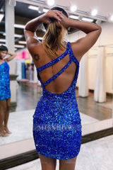 Misshow Sparkly Royal Blue One Shoulder Sequins Homecoming Dress/Mini Dress