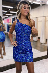 Misshow Sparkly Royal Blue One Shoulder Sequins Homecoming Dress/Mini Dress
