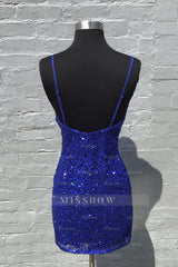Misshow Sparkly Royal Blue Ruched Tight Short Sequins Homecoming Dress/Mini Dress