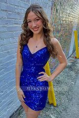 Misshow Sparkly Royal Blue Sequined Criss-Cross Straps Tight Short Homecoming Dress/Mini Dress